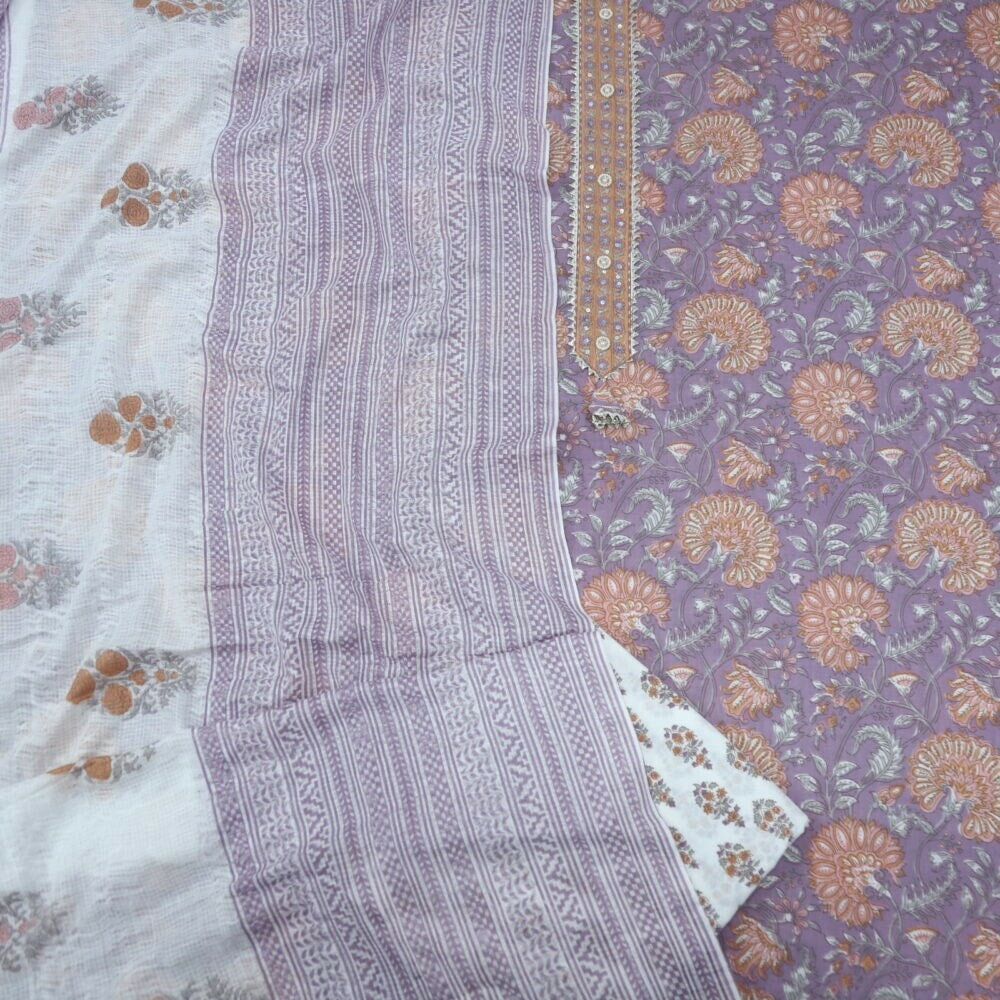 Purple and Orange Printed Cotton Top and Printed Dupatta Set