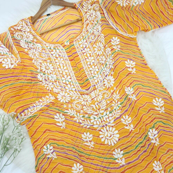 Mustard Yellow Leheriya Inspired Printed Kota Chikankari Kurti