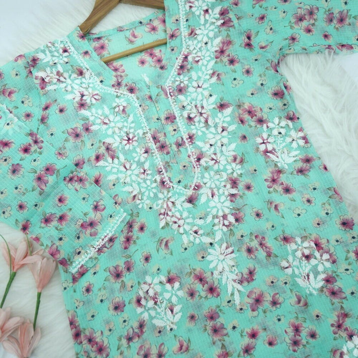 Seafoam Green Floral Printed Kota Chikankari Kurti