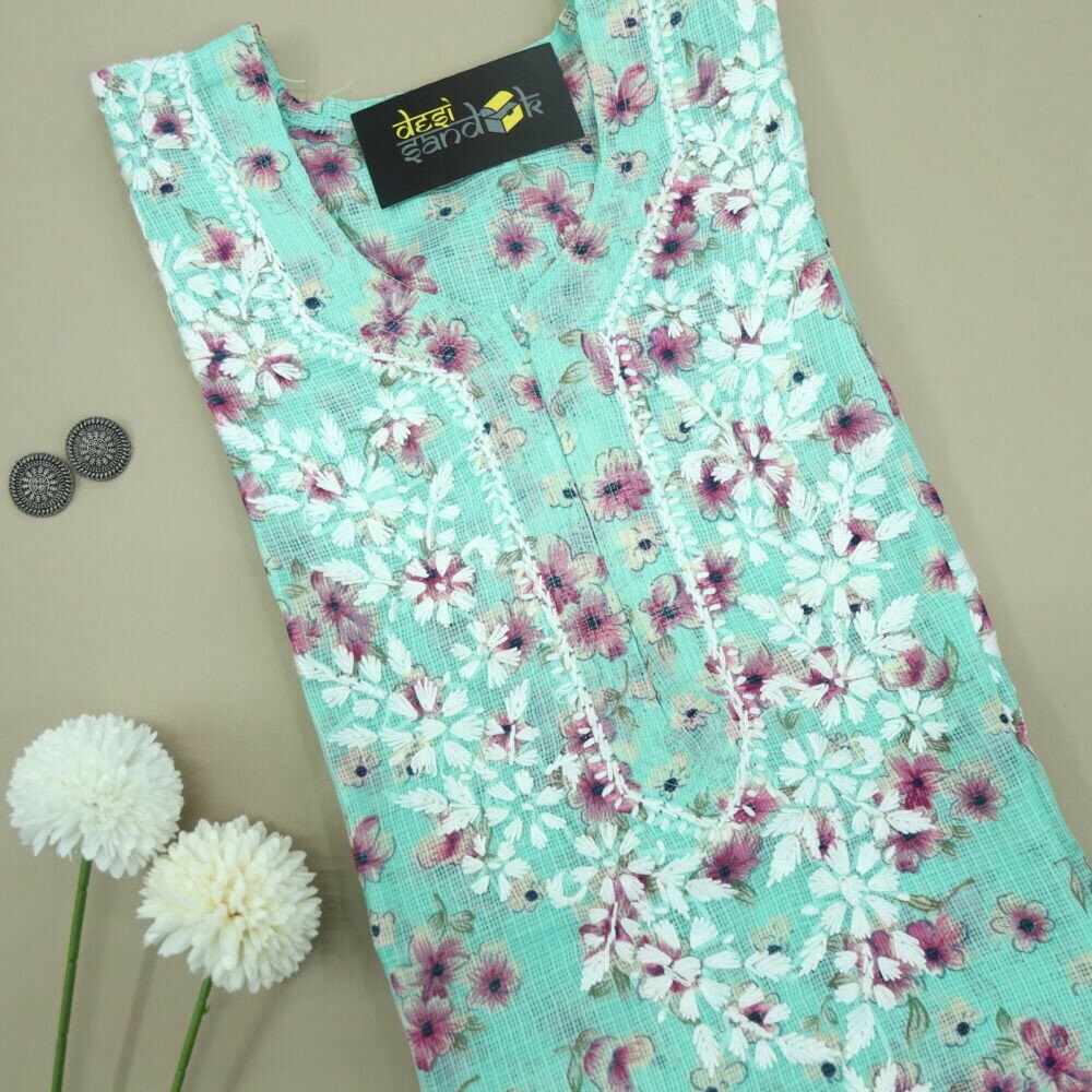 Seafoam Green Floral Printed Kota Chikankari Kurti