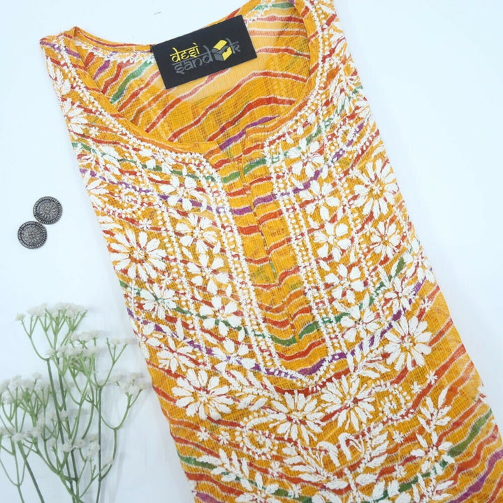 Mustard Yellow Leheriya Inspired Printed Kota Chikankari Kurti