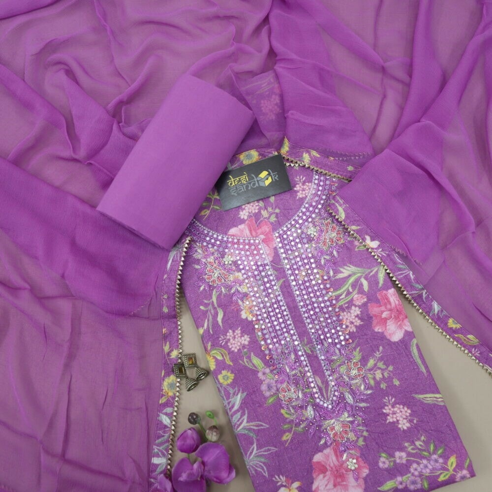 Light Violet Printed Cotton Linen Top with Patra Work Neck Line and Chiffon Dupatta Set