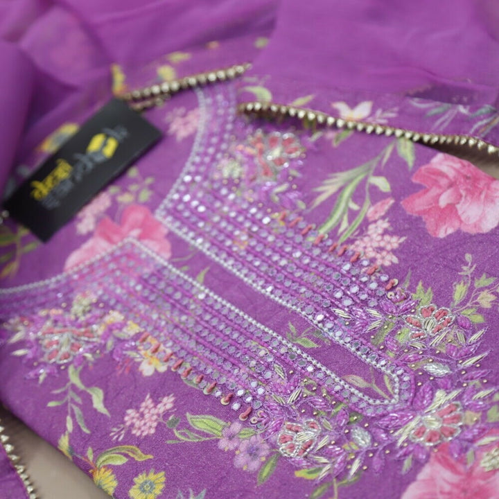 Light Violet Printed Cotton Linen Top with Patra Work Neck Line and Chiffon Dupatta Set