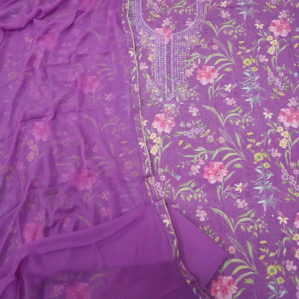 Light Violet Printed Cotton Linen Top with Patra Work Neck Line and Chiffon Dupatta Set