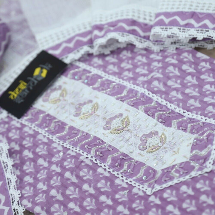 Orchid Purple Printed Cotton Top with Ivory Hand Painted Kota Dupatta Set
