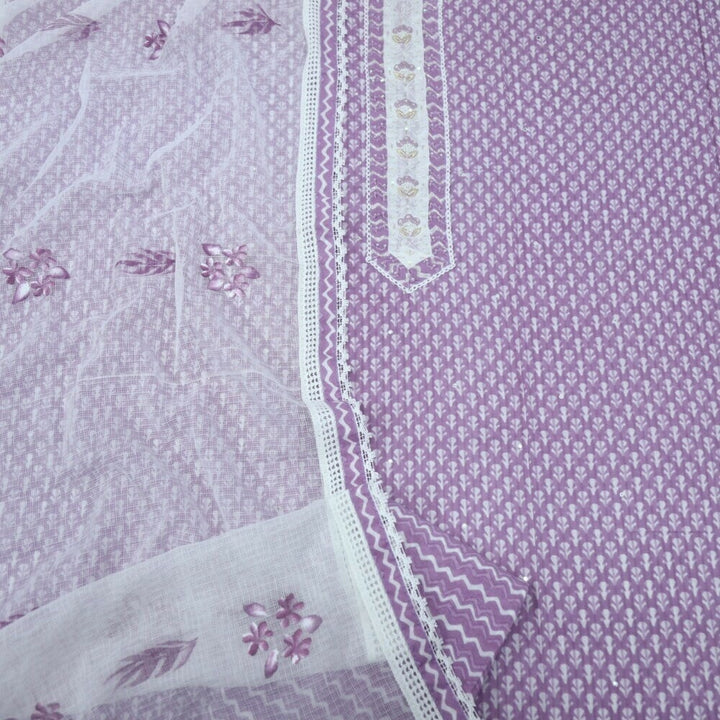 Orchid Purple Printed Cotton Top with Ivory Hand Painted Kota Dupatta Set