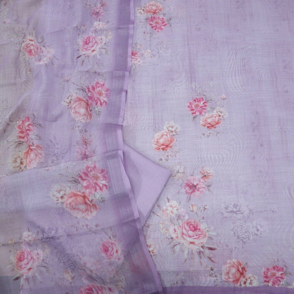 Lavender Digital Printed Cotton Linen Top and Dupatta Set