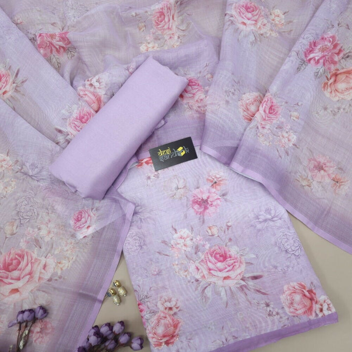 Lavender Digital Printed Cotton Linen Top and Dupatta Set