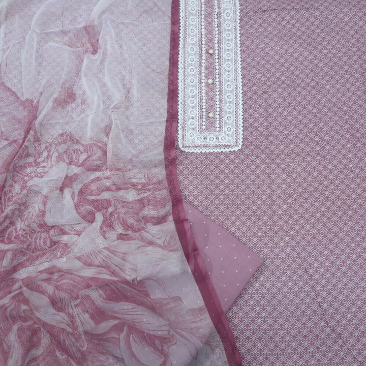 Mauve Printed Lace Work Cotton Top with Chiffon Dupatta Set