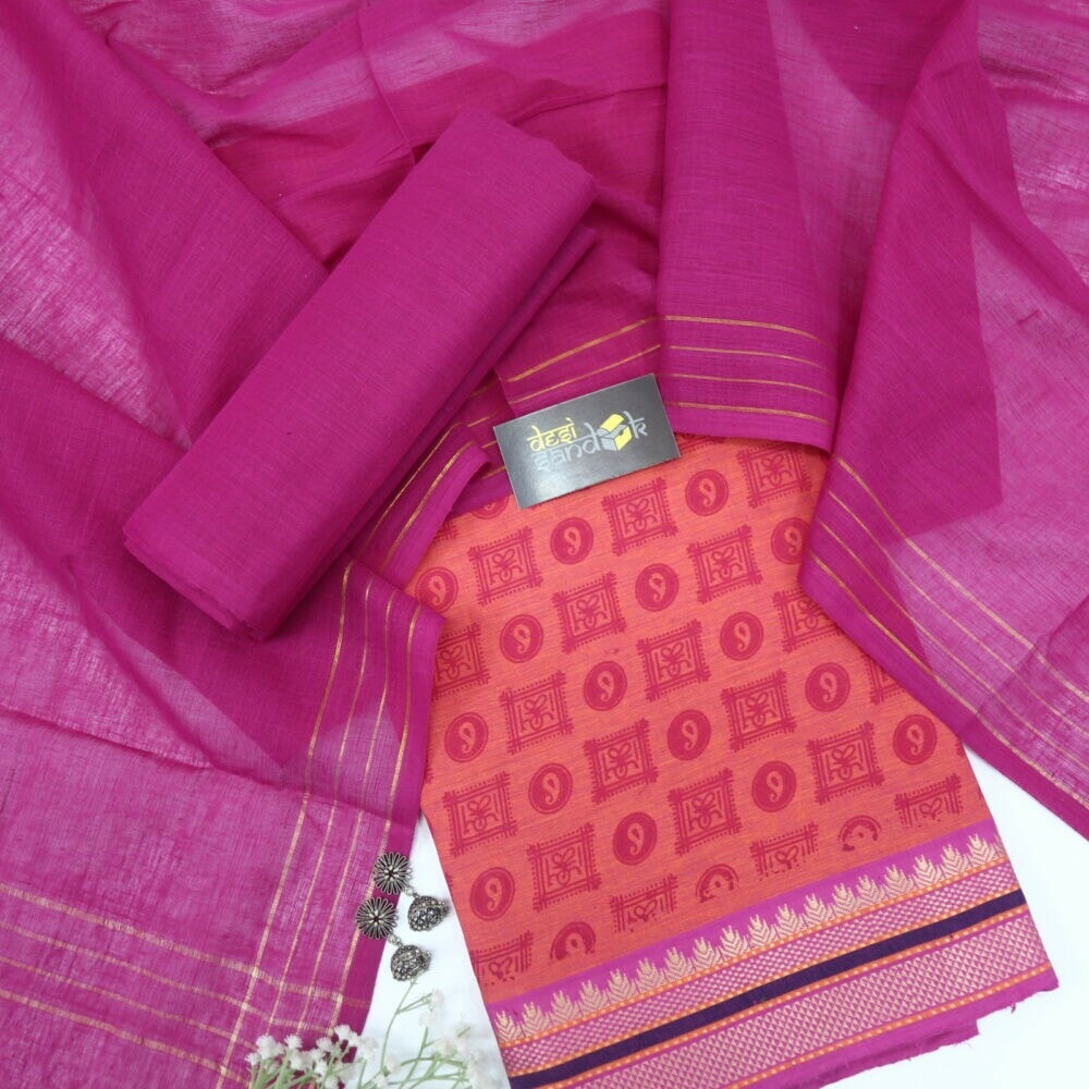 Orange Printed South Cotton Top with Mangalgiri Hem with Pink Dupatta