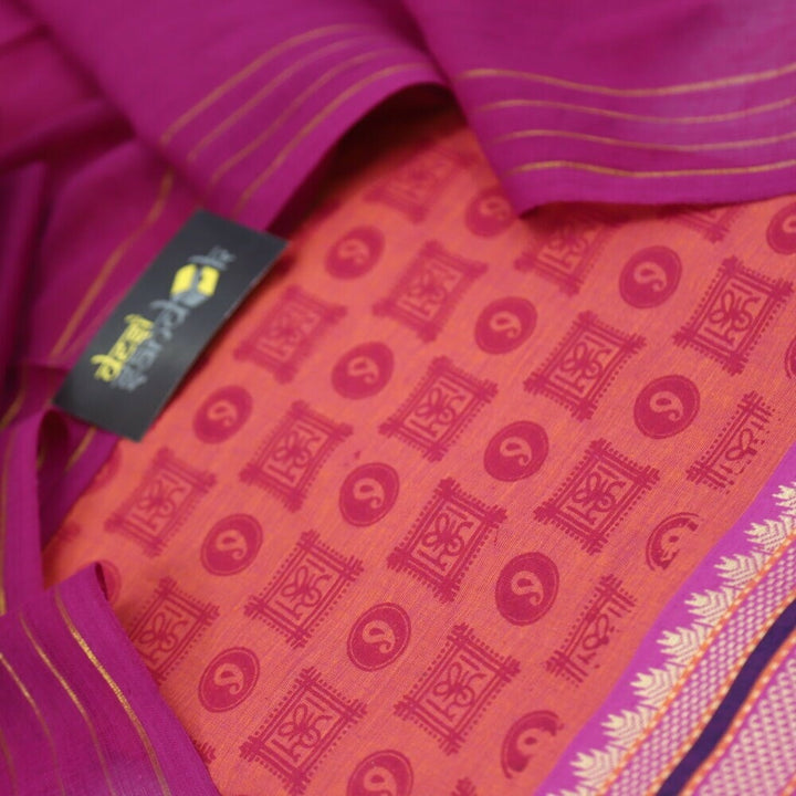 Orange Printed South Cotton Top with Mangalgiri Hem with Pink Dupatta