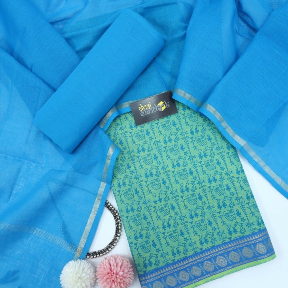 Jade Printed South Cotton Top with Mangalgiri Hem With Sky Blue Dupatta Set