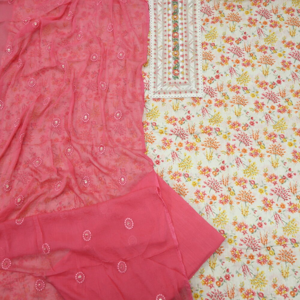 Light Beige and Punch Pink Printed Mul Cotton Top with Chiffon Dupatta Set