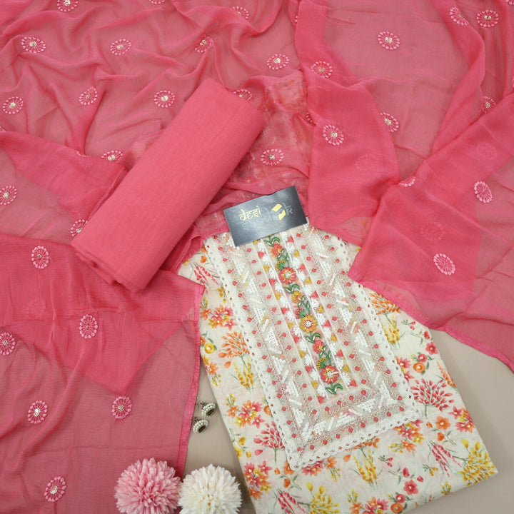 Light Beige and Punch Pink Printed Mul Cotton Top with Chiffon Dupatta Set