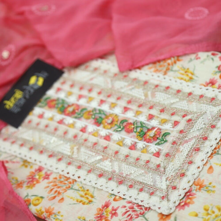 Light Beige and Punch Pink Printed Mul Cotton Top with Chiffon Dupatta Set