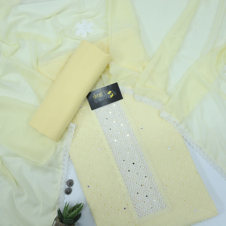 Lemon Yellow Schiffli Work Cotton Top with Chiffon Dupatta Set
