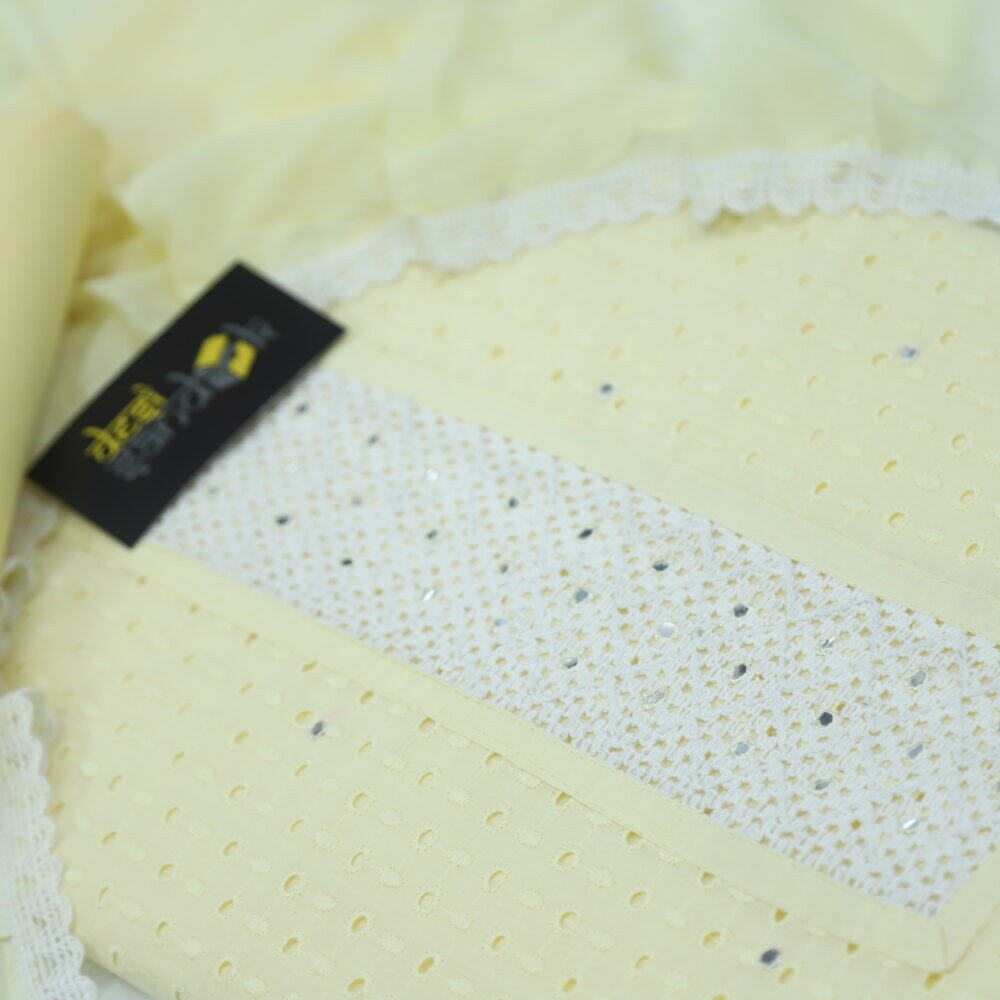 Lemon Yellow Schiffli Work Cotton Top with Chiffon Dupatta Set