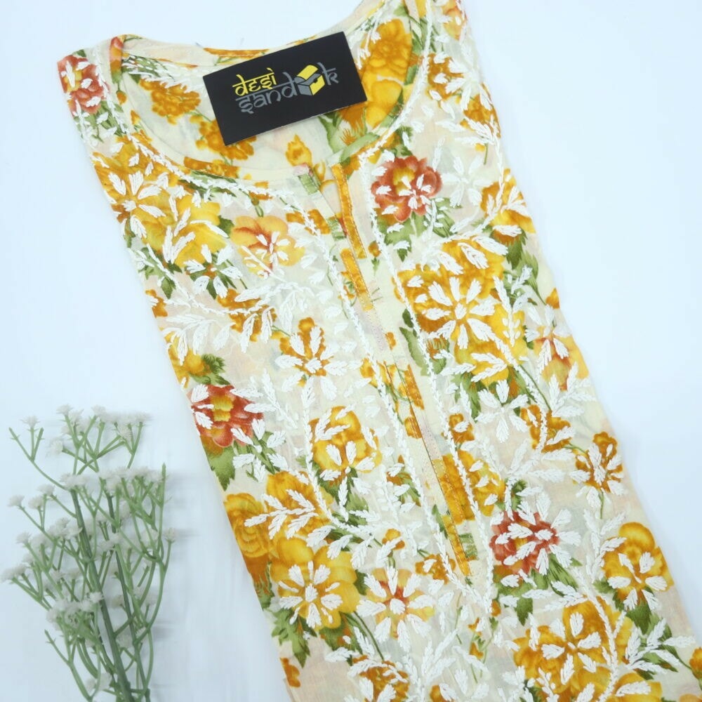 Yellow Floral Printed Chikankari Kurti