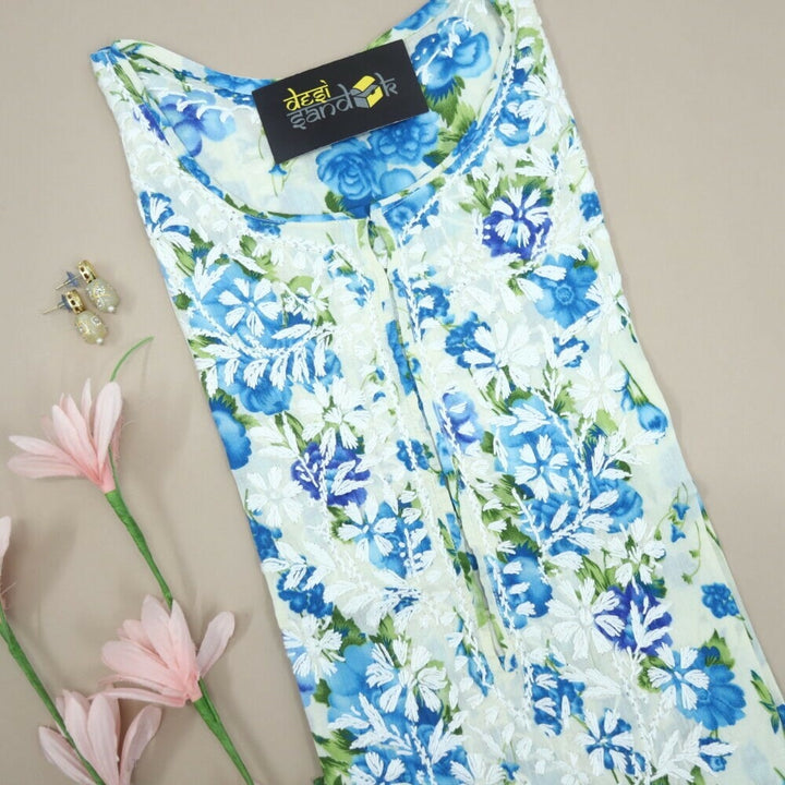 Azure Blue Floral Printed Chikankari Kurti