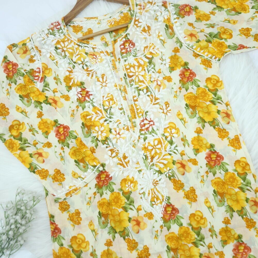 Yellow Floral Printed Chikankari Kurti