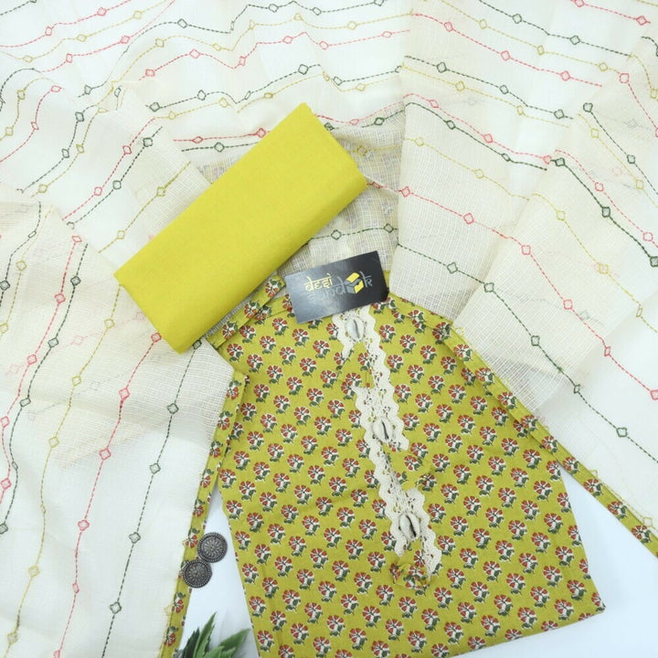 Yellow Printed Cotton Top with offwhite Kota Dupatta Set