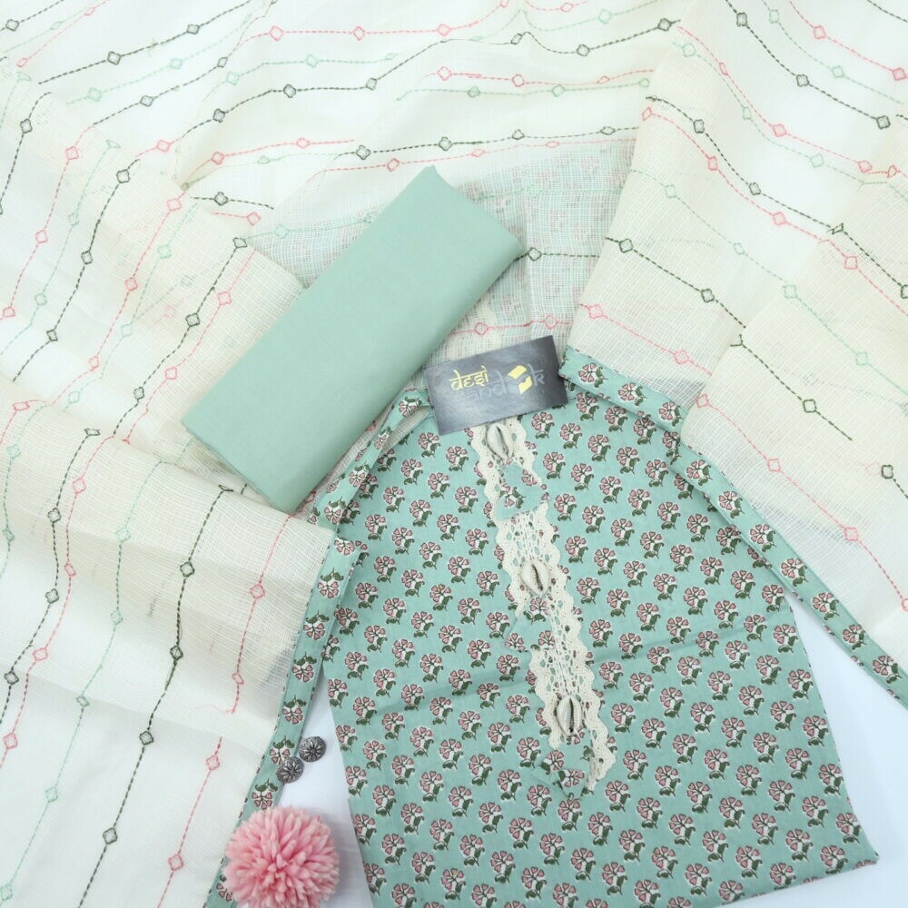 Tea Green Printed Cotton Top with offwhite Kota Dupatta Set