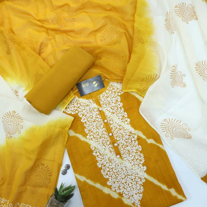 Medallion Yellow Cotton Leheriya Top and Dual Shade Printed Dupatta