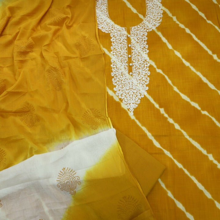 Medallion Yellow Cotton Leheriya Top and Dual Shade Printed Dupatta