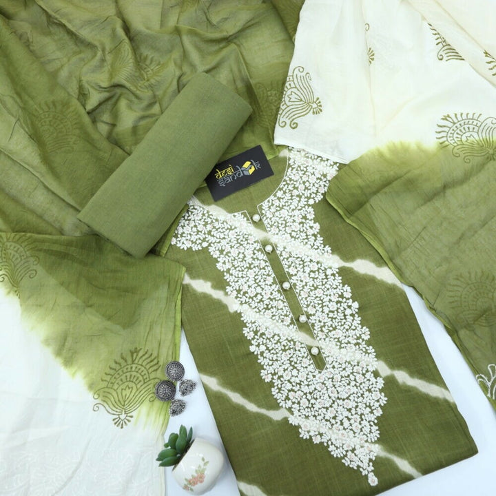 Olive Green Cotton Leheriya Top and Dual Shade Printed Dupatta