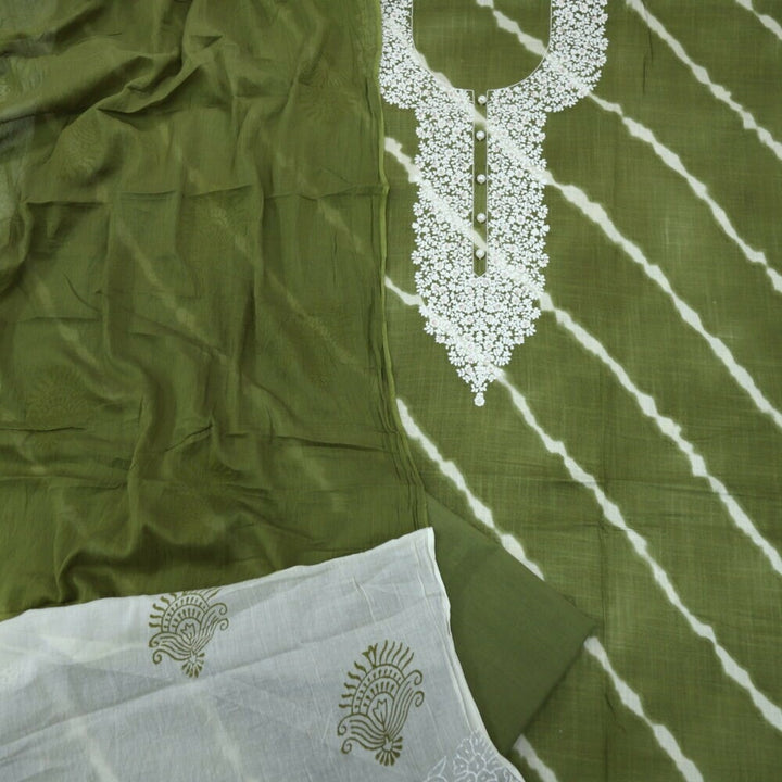 Olive Green Cotton Leheriya Top and Dual Shade Printed Dupatta