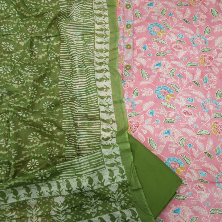 Pink Printed Glazed Cotton Top with Green Printed Dupatta Set