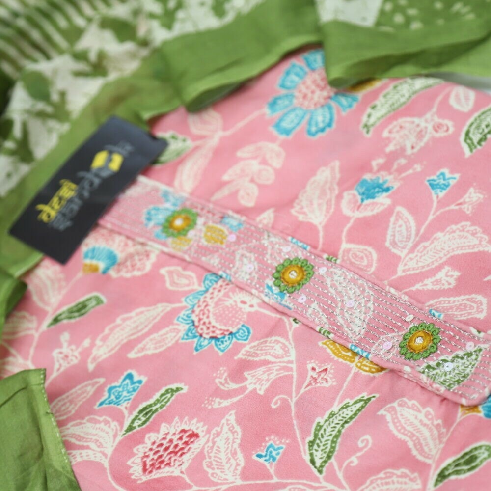 Pink Printed Glazed Cotton Top with Green Printed Dupatta Set