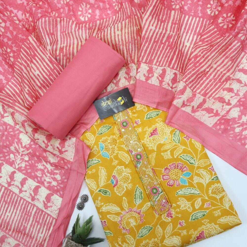 Yellow Printed Glazed Cotton Top with Pink Printed Dupatta Set