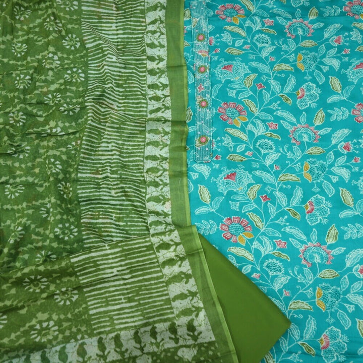 Turq Printed Glazed Cotton Top with Green Printed Dupatta Set