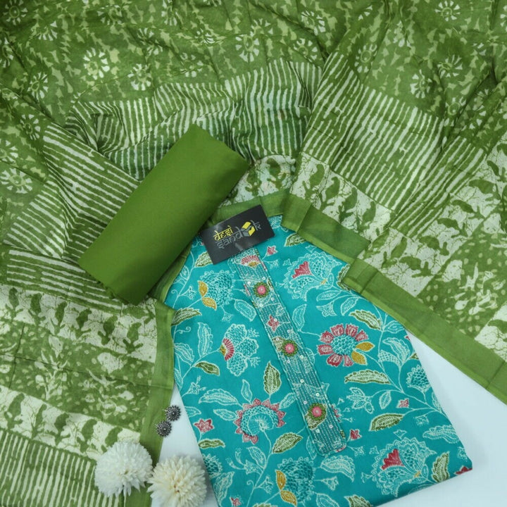 Turq Printed Glazed Cotton Top with Green Printed Dupatta Set