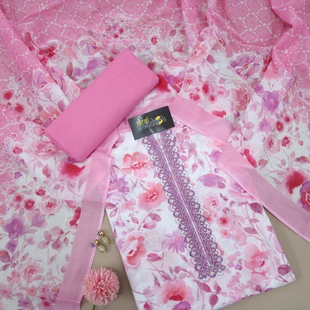 Pink and White Floral Printed Mul Cotton Top and Dupatta Set