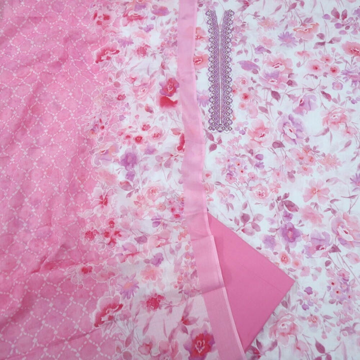 Pink and White Floral Printed Mul Cotton Top and Dupatta Set