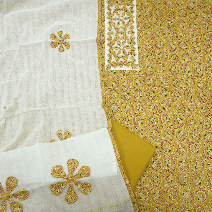 Dijon Yellow Ajrak Printed Cotton Top with Cream Patch Work Dupatta Set