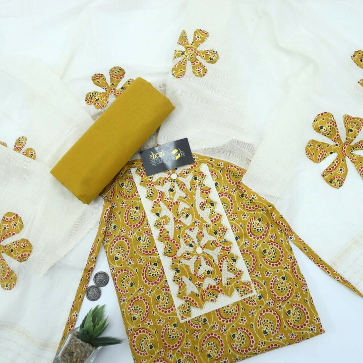 Dijon Yellow Ajrak Printed Cotton Top with Cream Patch Work Dupatta Set