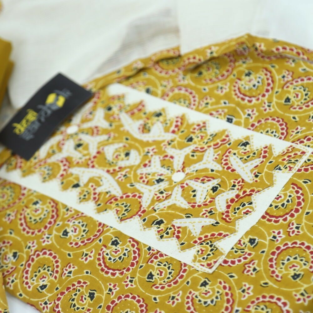 Dijon Yellow Ajrak Printed Cotton Top with Cream Patch Work Dupatta Set