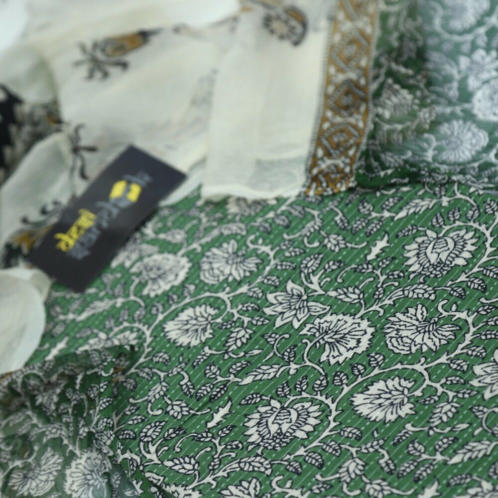 Forest Green Running Stitch Printed Top with Chiffon Printed Dupatta Set