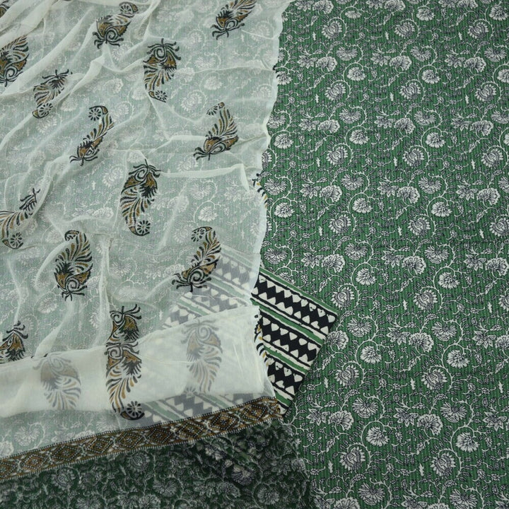 Forest Green Running Stitch Printed Top with Chiffon Printed Dupatta Set