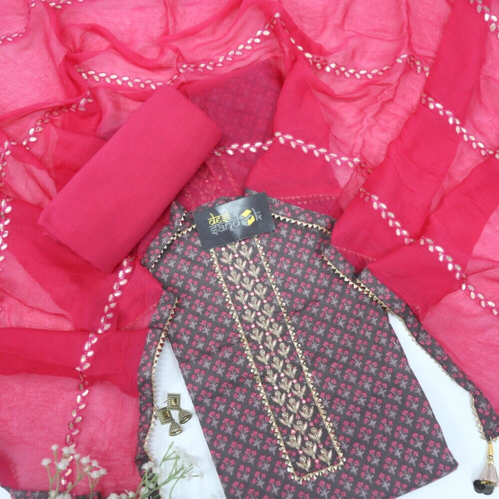 Dove grey and pink floral print top and pink dupatta set