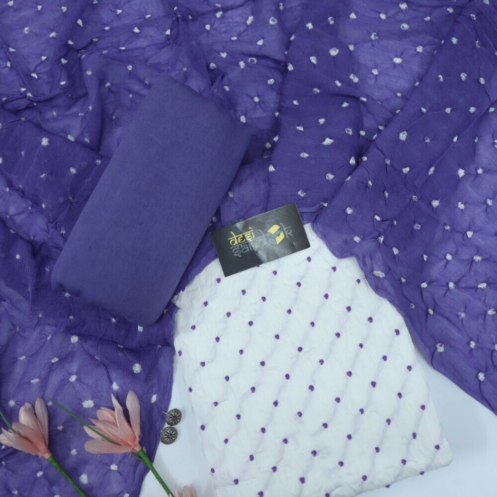 Pearl White French Knot Cotton Top with Purple Bandhej Dupatta Set