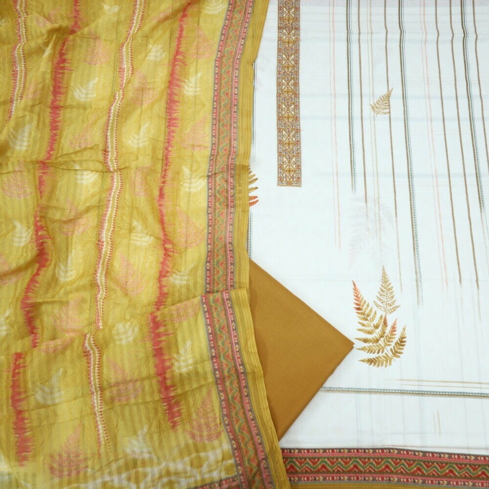 Offwhite Digital Printed Cotton Top with Dijon Yellow Box Pallu Print Dupatta Set