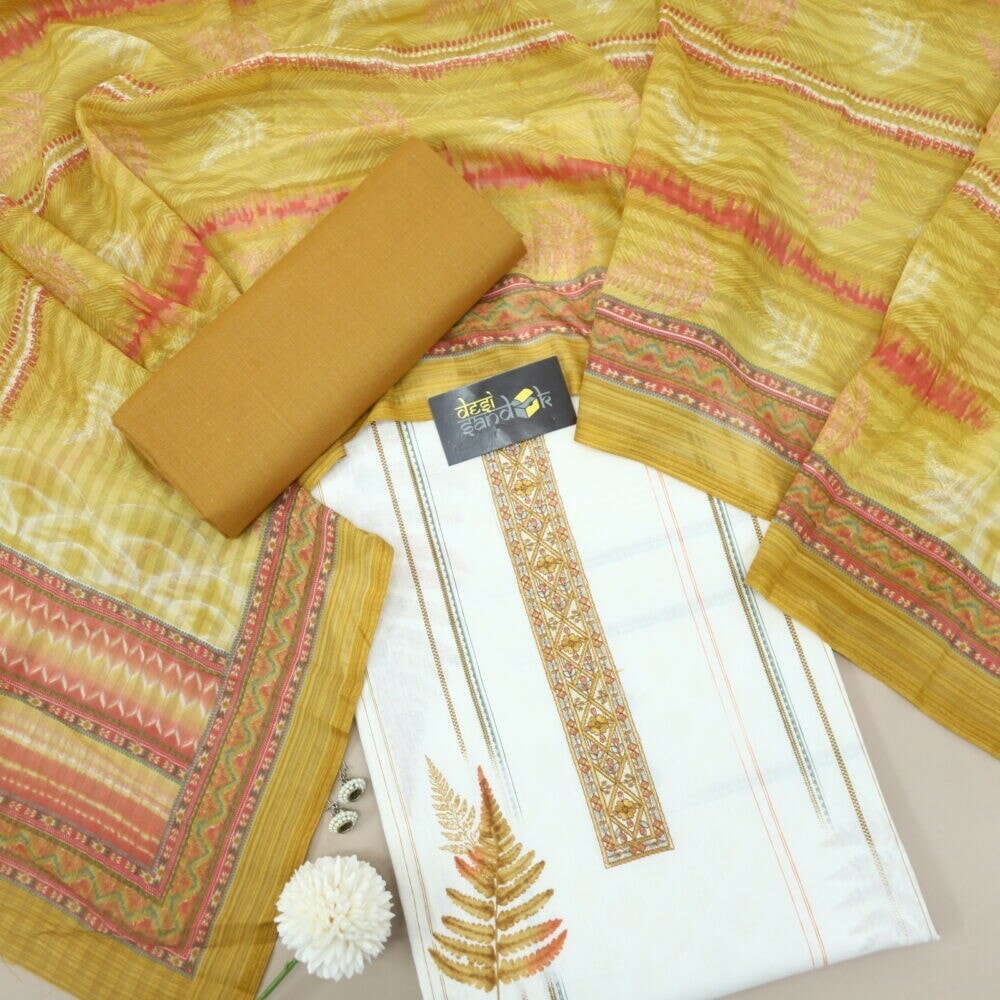 Offwhite Digital Printed Cotton Top with Dijon Yellow Box Pallu Print Dupatta Set