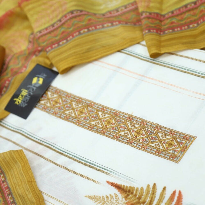 Offwhite Digital Printed Cotton Top with Dijon Yellow Box Pallu Print Dupatta Set