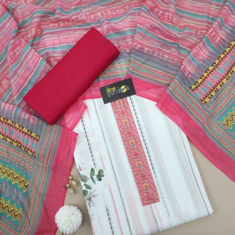 Offwhite Digital Printed Cotton Top with Creamy Pink Box Pallu Print Dupatta Set