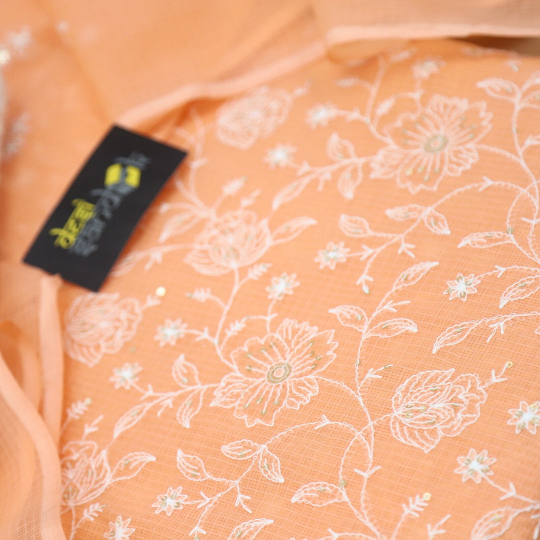 Peach Embroidered Kota Top and Dupatta with Schiffli Bottom