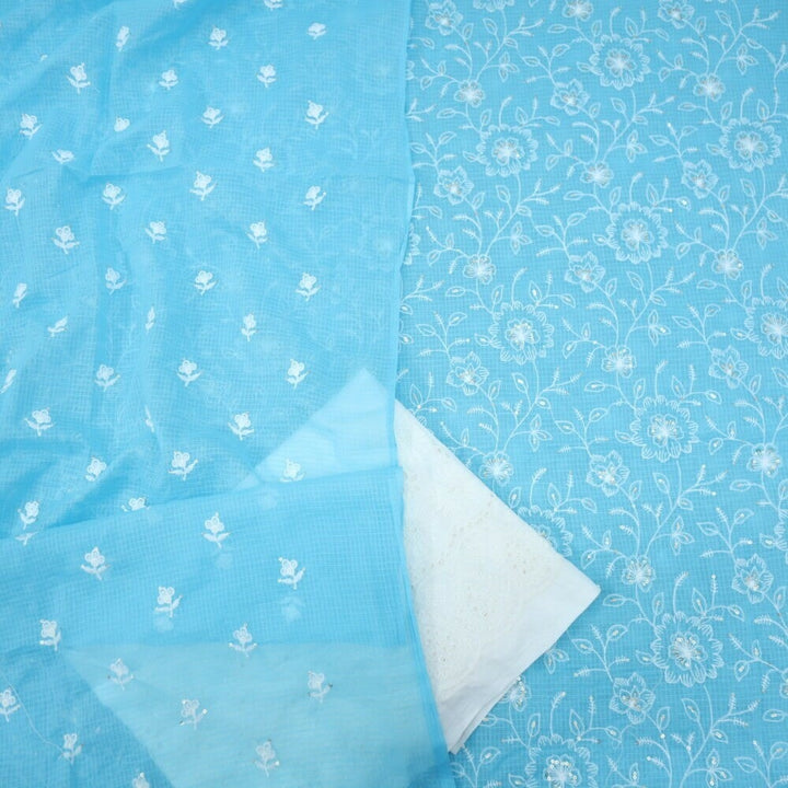 Sky Blue Embroidered Kota Top and Dupatta with Schiffli Bottom